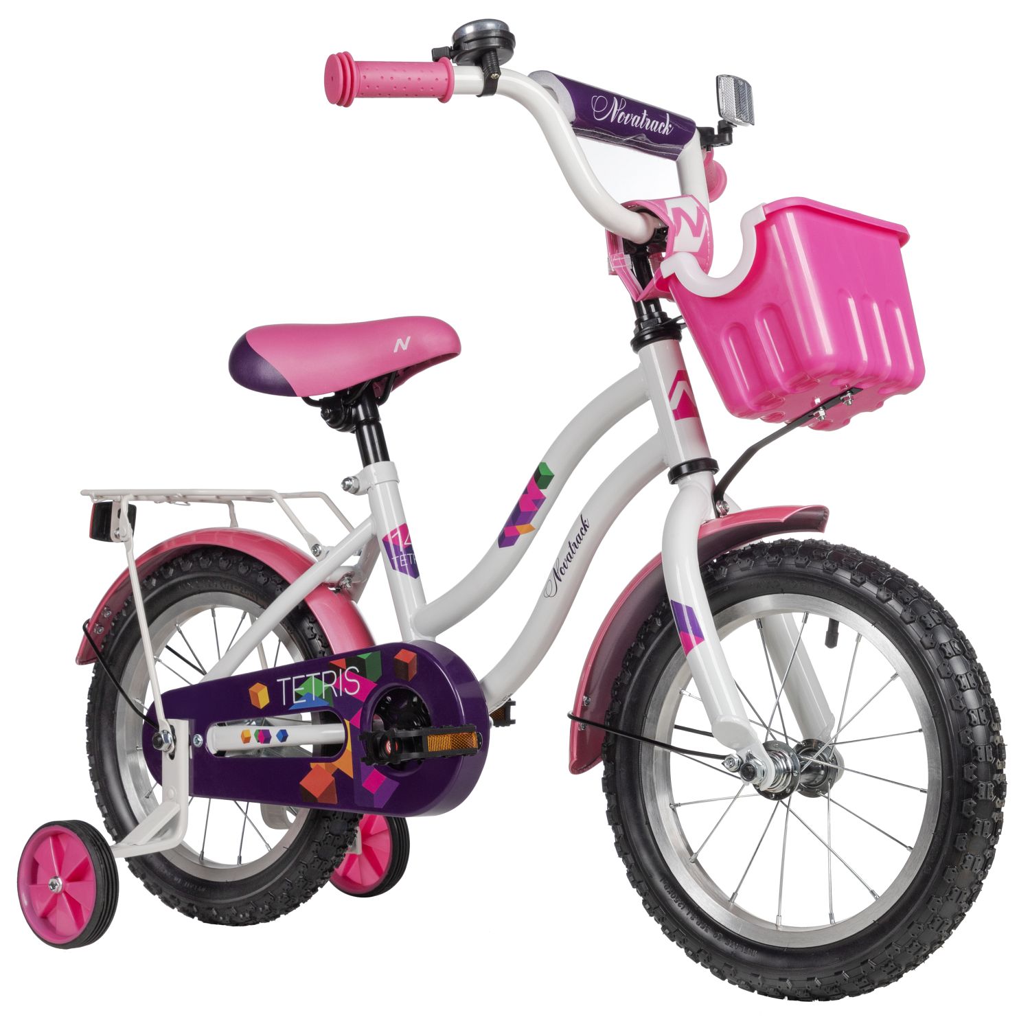 Велосипед NOVATRACK 14, TETRIS белый, тормоз нож, крылья цвет, багажник, корзина, полная защ.цепи