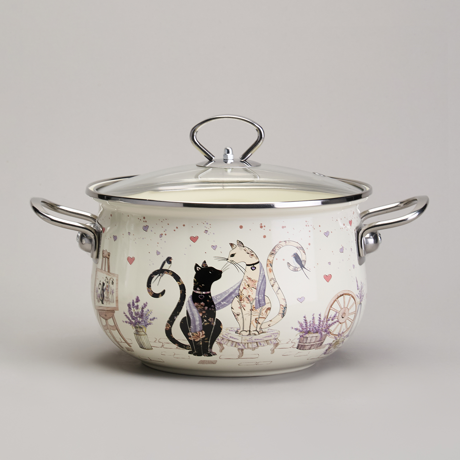 НАБОР КАСТРЮЛЬ ЭМАЛИРОВАННЫЙ, СЕРИЯ, LAVANDER CATS 6ПР. 2, 0/2, 8/3, 8Л ДИА.18/20/22СМ