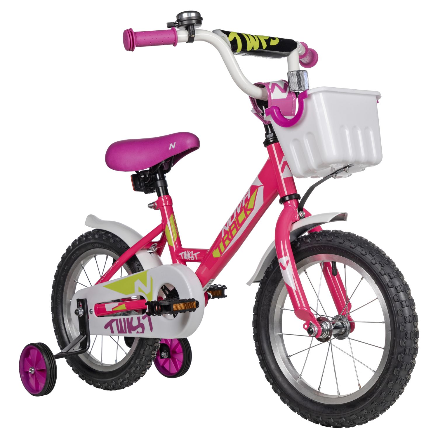 Велосипед NOVATRACK 14, TWIST розовый, тормоз нож, крылья корот, полная защ.цепи, корзина