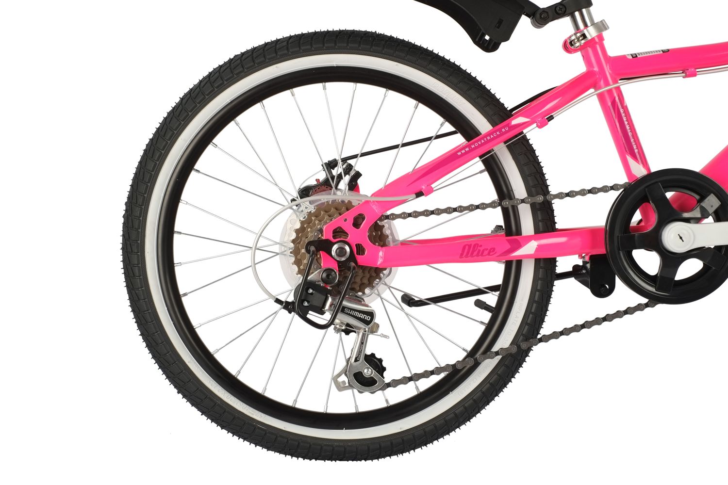 Велосипед NOVATRACK 20, ALICE розовый,   стальная рама, 6 скор., Shimano TY21/Microshift TS38, дисков