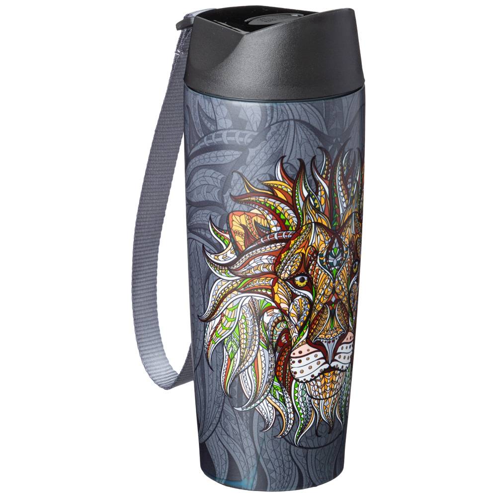 ТЕРМОКРУЖКА AGNESS, ЛЕВ, С КНОПКОЙ-СТОППЕРОМ, 380МЛ КОЛБА НЕРЖ.СТАЛЬ