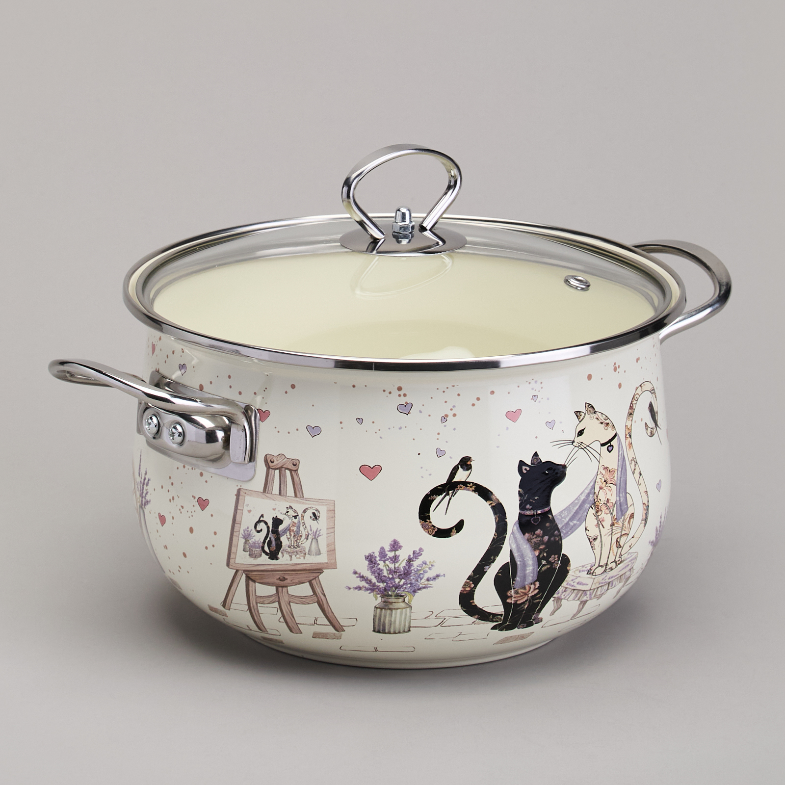 КАСТРЮЛЯ AGNESS ЭМАЛИРОВАННАЯ СО СТЕКЛЯННОЙ КРЫШКОЙ СЕРИЯ, LAVANDER CATS,  3, 8 Л ДИА. 22СМ