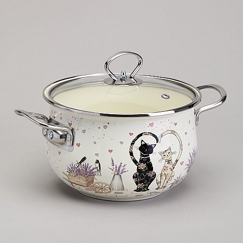 КАСТРЮЛЯ AGNESS ЭМАЛИРОВАННАЯ СО СТЕКЛЯННОЙ КРЫШКОЙ СЕРИЯ, LAVANDER CATS,  2, 8 Л ДИА. 20СМ