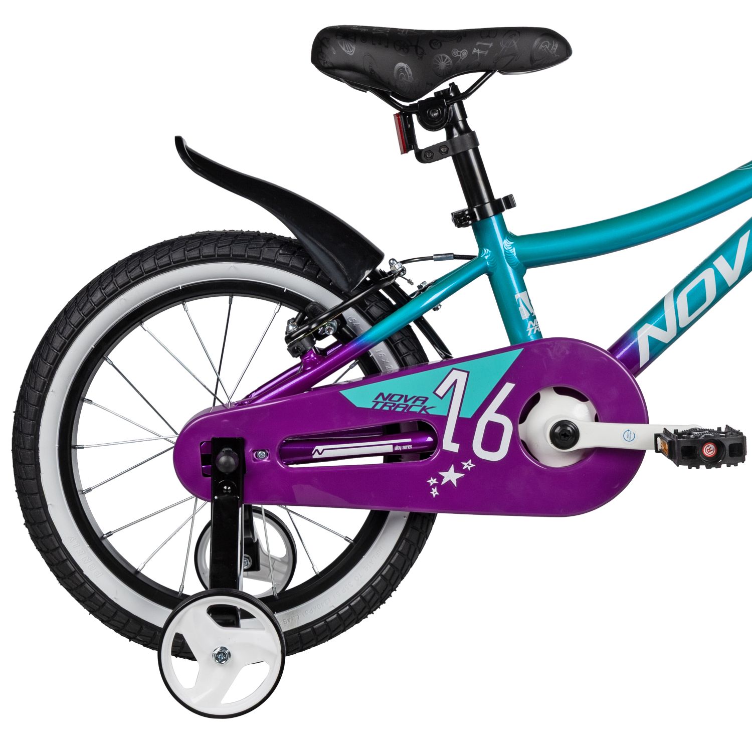 Велосипед NOVATRACK 16, KATRINA алюм., зелёный-фиолетов, полная защ.цепи, V-brake, короткие крылья