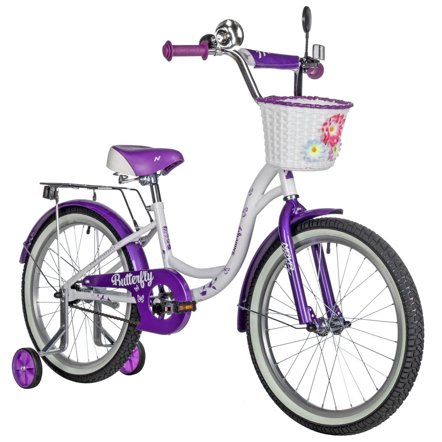Велосипед NOVATRACK 20, BUTTERFLY, белый-фиолетовый, тормоз ножной, крылья и багажник