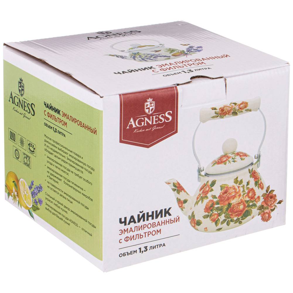 ЧАЙНИК AGNESS ЭМАЛИРОВАННЫ СО СЪЕМНЫМ ФИЛЬТРОМ ИЗ НЖС, СЕРИЯ, КОРЕЙСКАЯ РОЗА, 1, 3 Л