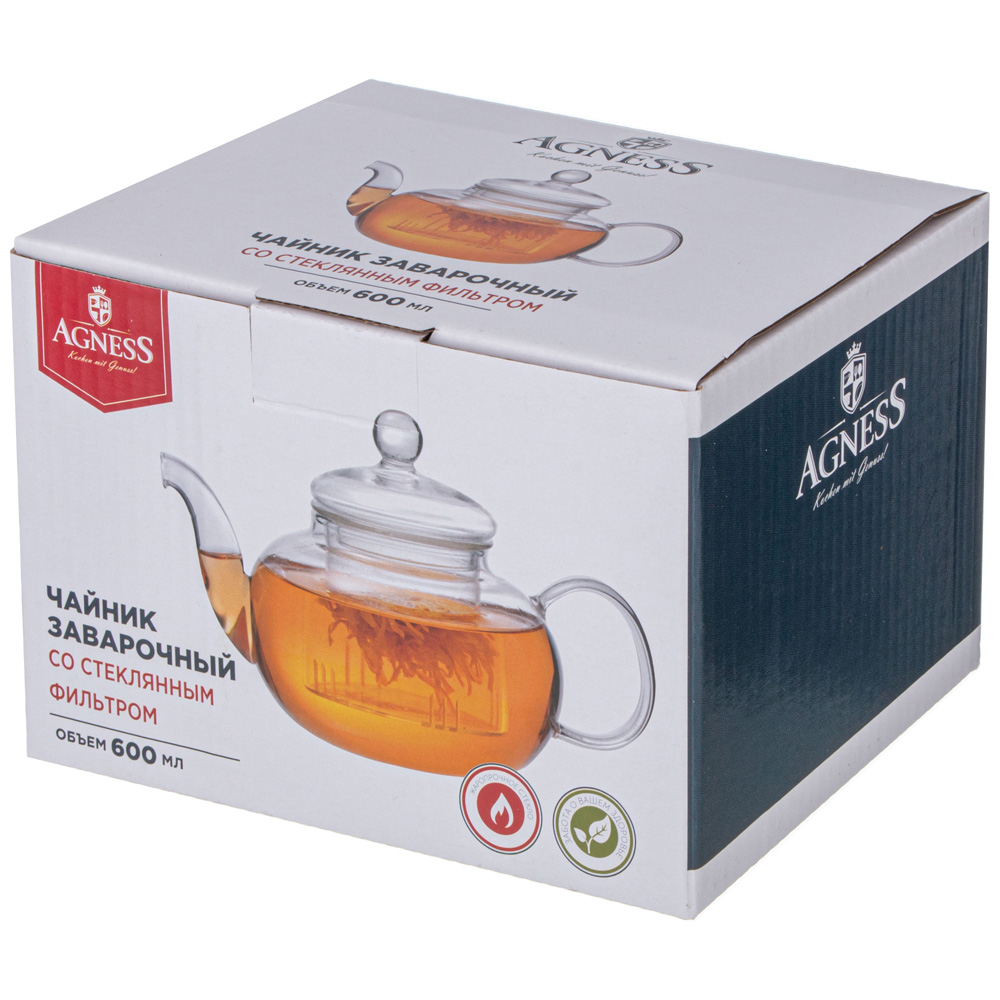 ЧАЙНИК ЗАВАРОЧНЫЙ AGNESS СО СТЕКЛЯННЫМ ФИЛЬТРОМ 600 МЛ, КОР=24ШТ.