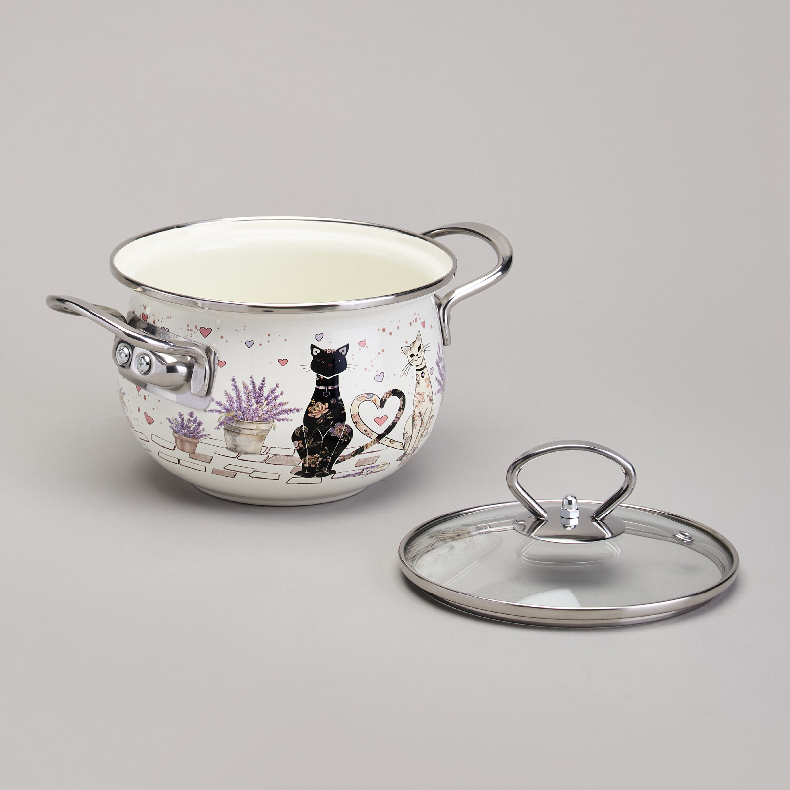 КАСТРЮЛЯ AGNESS ЭМАЛИРОВАННАЯ СО СТЕКЛЯННОЙ КРЫШКОЙ СЕРИЯ "LAVANDER CATS", 1,5 Л ДИА. 16СМ