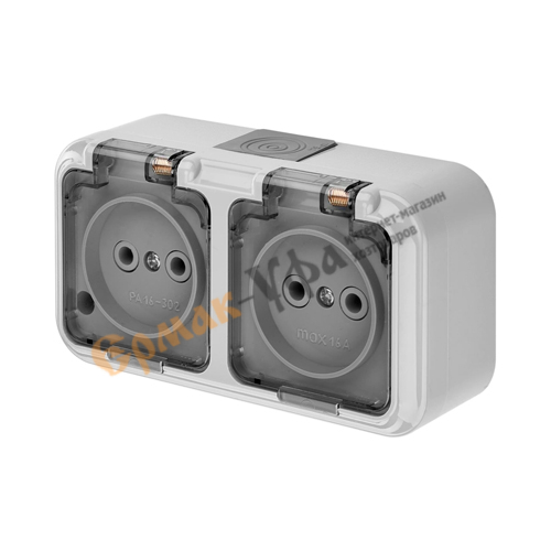 Розетка РА16-302, 02, 2ОП IP54 Пралеска Аква, СЕРАЯ, 1/8/24