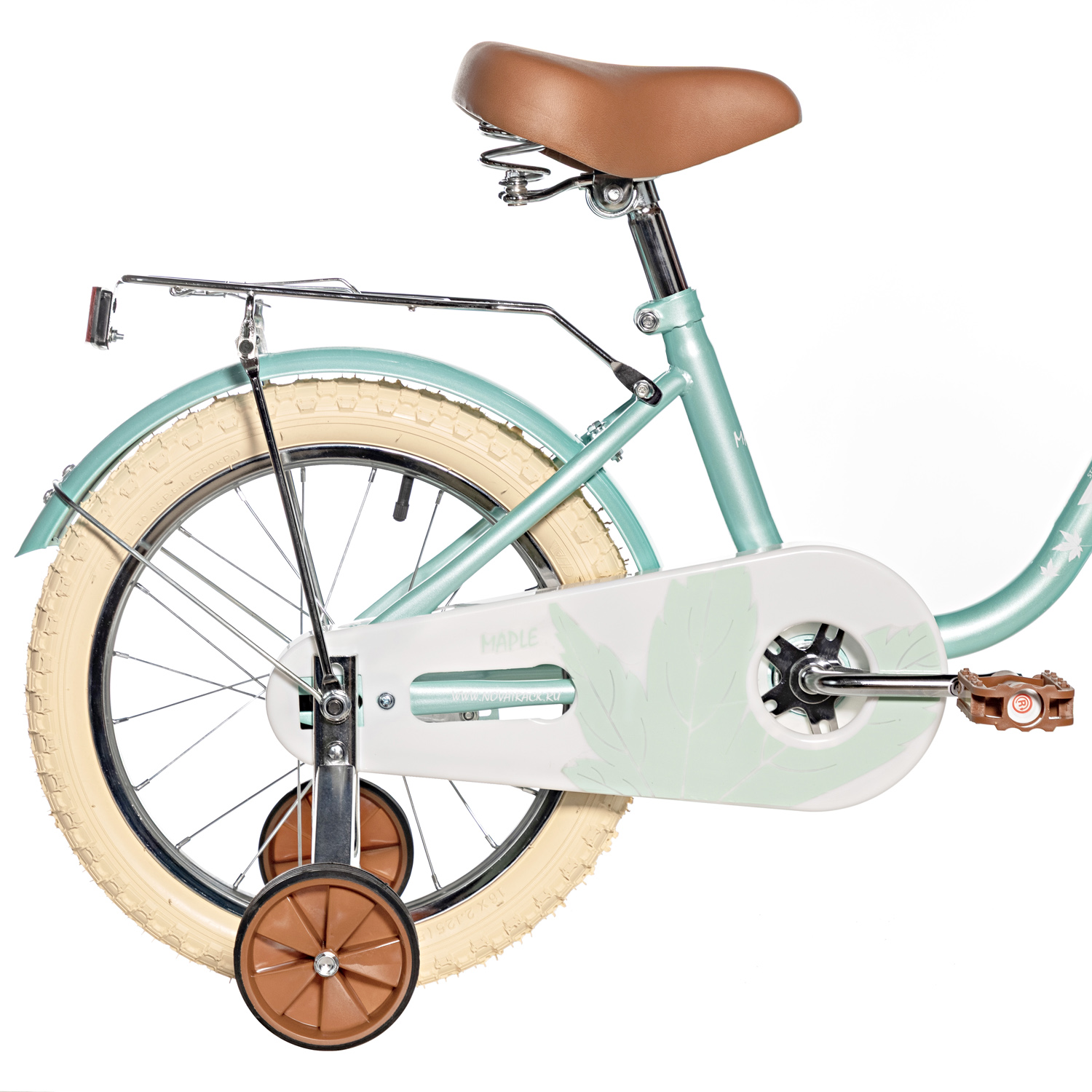 Велосипед NOVATRACK 16, MAPLE, светло бирюзовый, полная защита цепи, тормоз нож., крылья, багажник, пе