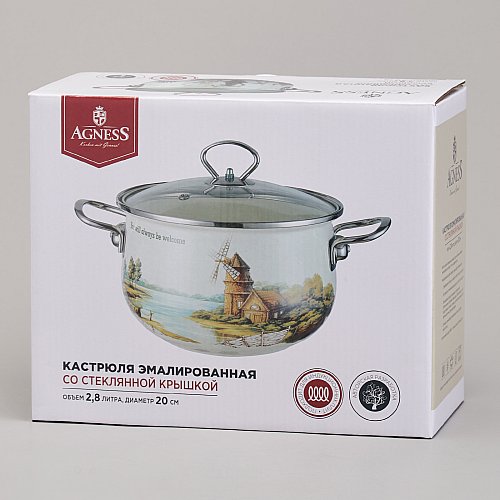 КАСТРЮЛЯ AGNESS ЭМАЛИРОВАННАЯ СО СТЕКЛЯННОЙ КРЫШКОЙ СЕРИЯ, LAVANDER CATS,  2, 8 Л ДИА. 20СМ