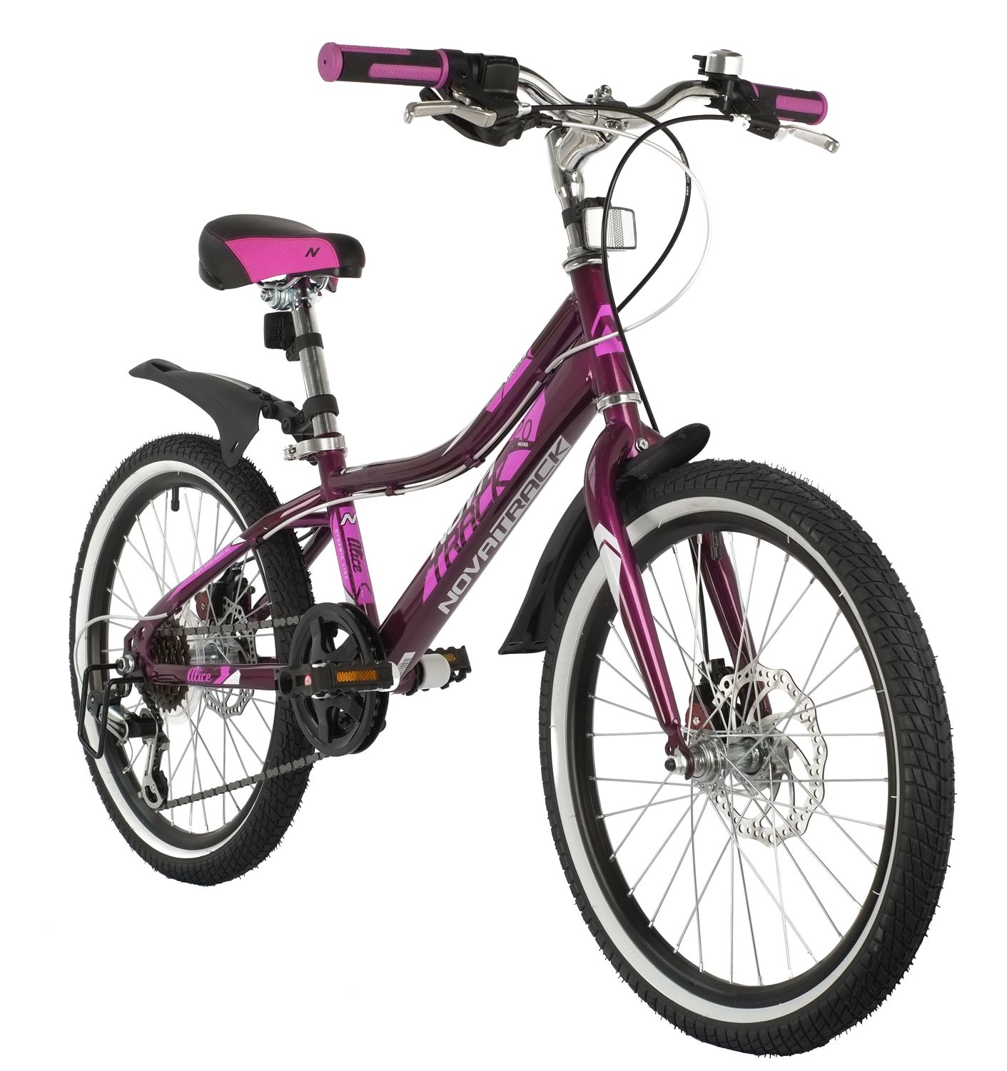 Велосипед NOVATRACK 20, ALICE пурпурный,   стальная рама, 6 скор., Shimano TY21/Microshift TS38, диск