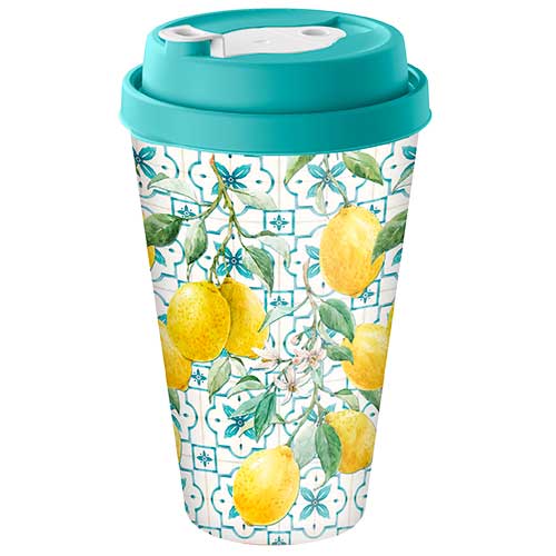 Стакан с крышкой 550 мл Homver 223112418/05, с декором Sicily Lemon, с клапаном, зеленый