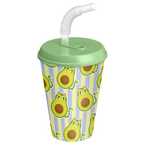 Стакан с крышкой и трубочкой 420 мл Homver 223158818/08, с декором Авокот, зеленый