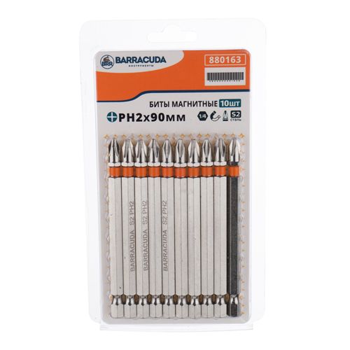 Биты PH2 90мм Барракуда сталь S2 магнитный наконечник, цена за 10шт, черные, 1/20/100