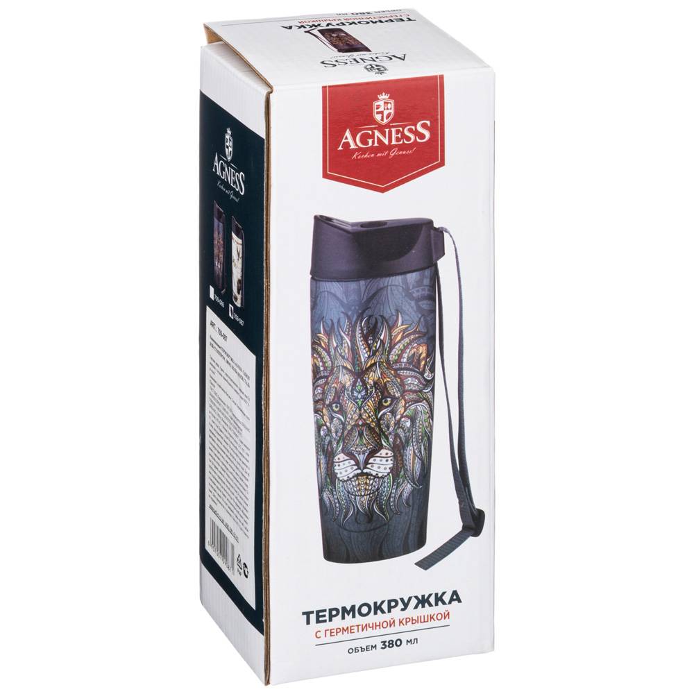 ТЕРМОКРУЖКА AGNESS, ЛЕВ, С КНОПКОЙ-СТОППЕРОМ, 380МЛ КОЛБА НЕРЖ.СТАЛЬ