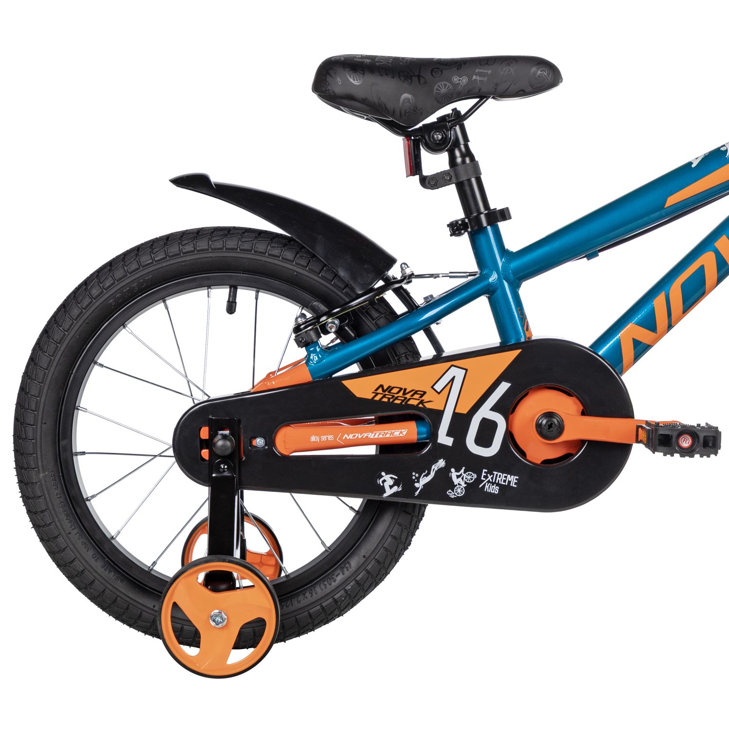 Велосипед NOVATRACK 16, EXTREME алюм., бирюзовый, полная защ.цепи, V-brake, короткие крылья, полная