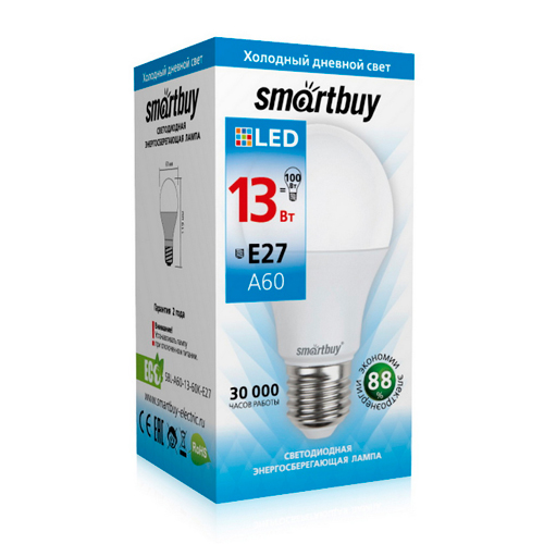Лампочка светодиодная E27 13Вт 6000К Smartbuy шар, 10/100