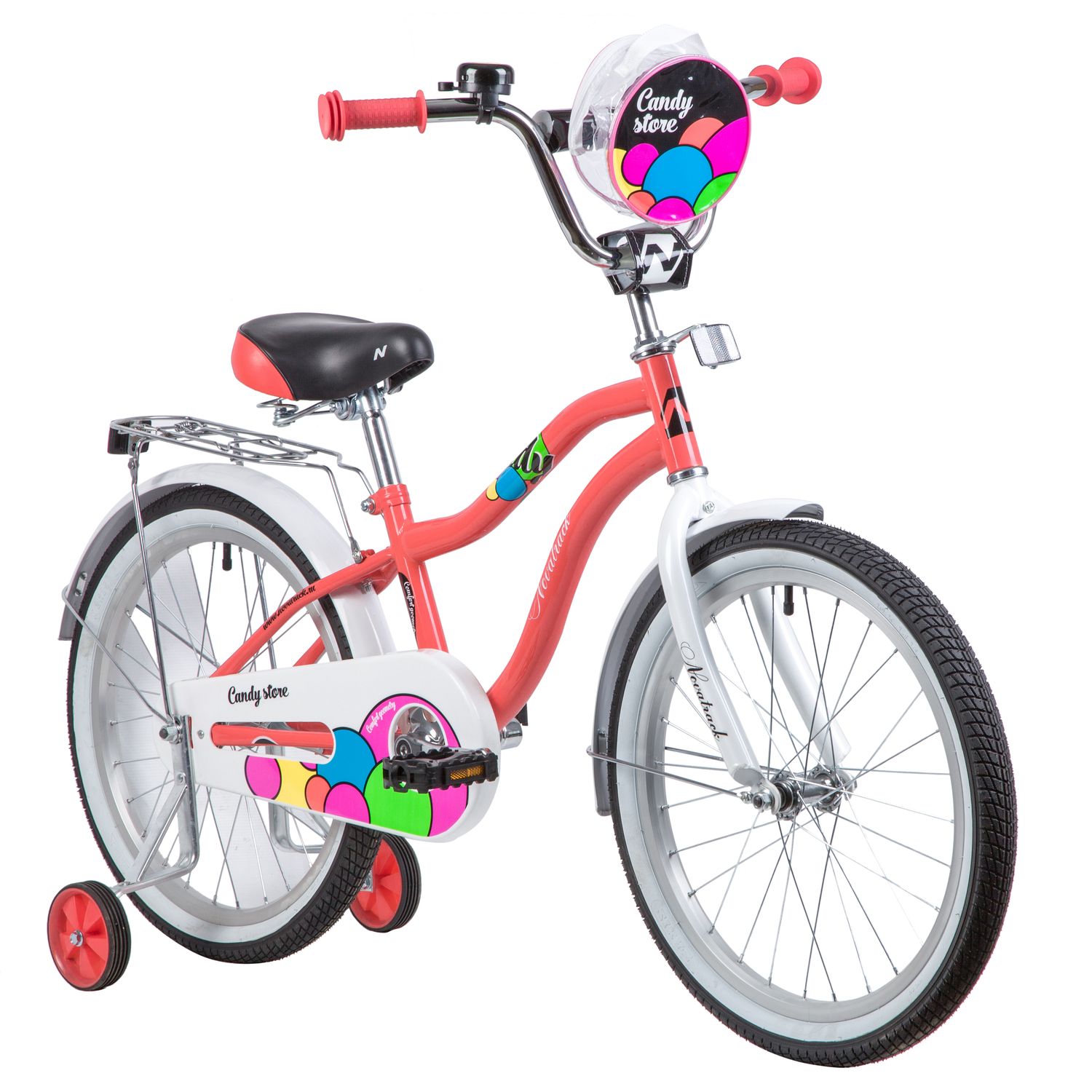 Велосипед NOVATRACK 20,  CANDY, коралловый, полная защита цепи, тормоз нож., сумочка на руль, крылья