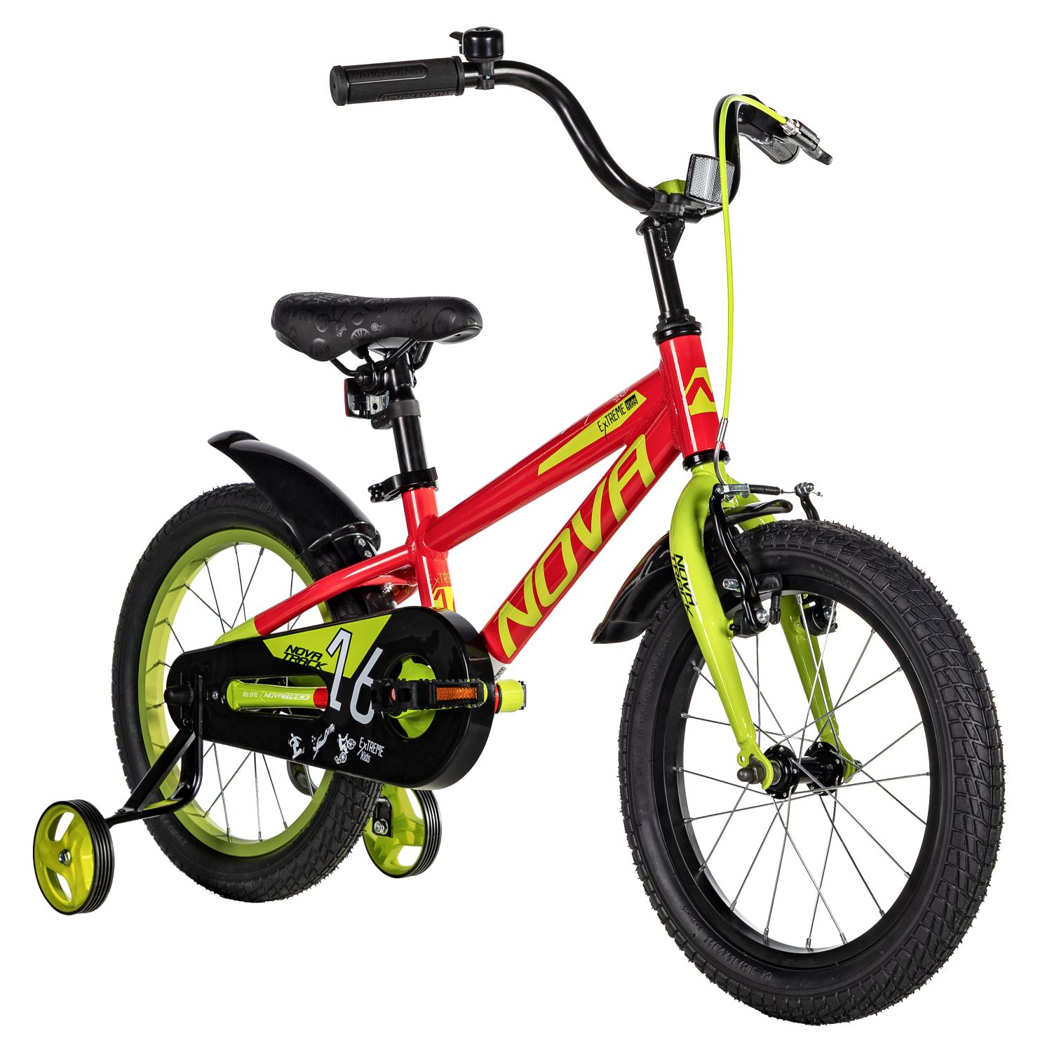 Велосипед NOVATRACK 16, EXTREME алюм., красный, полная защ.цепи, пер.руч., зад.нож. тормоз, короткие
