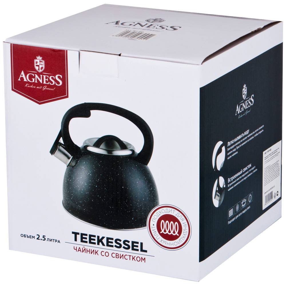 ЧАЙНИК AGNESS СО СВИСТКОМ, ЧЕРНЫЙ МРАМОР, 2, 5 Л НЖС, ИНДУКЦИОН. ДНО, КОР=12ШТ.