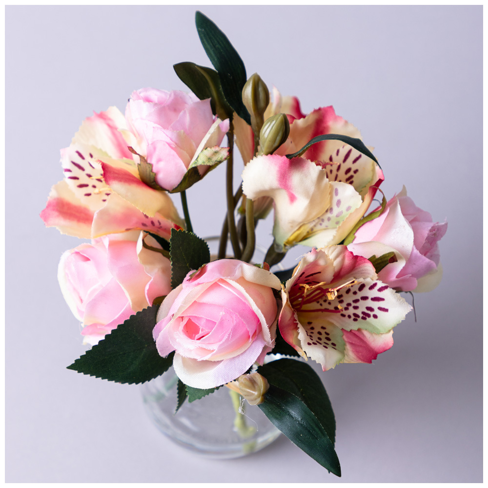 БУКЕТ ИСКУССТВЕННЫХ ЦВЕТОВ В КРУГЛОЙ ВАЗЕ ВЫСОТА= 16СМ, МАЛ=8ШТ./КОР=64ШТ.