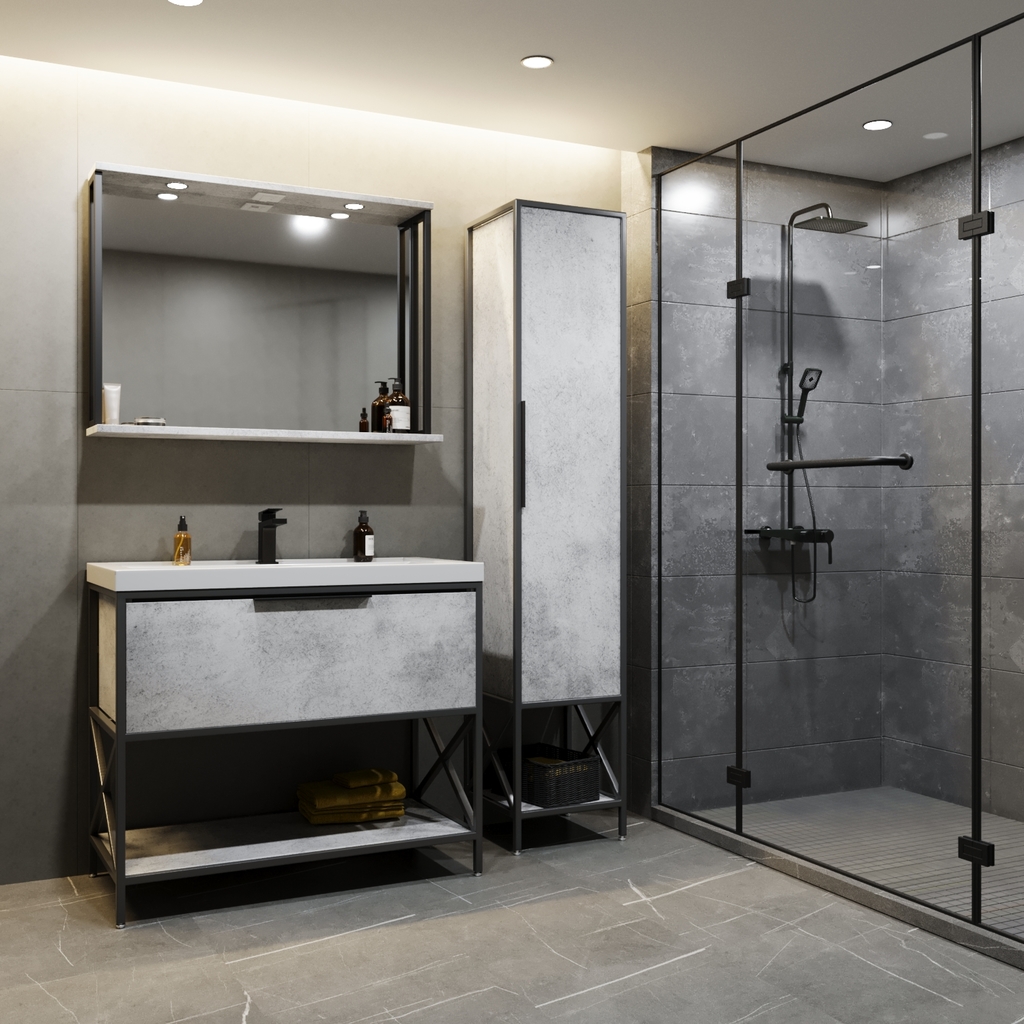 Тумба д/ванной, БРУКЛИН-100,  ОТДЕЛЬНО ПРИОБРЕТАЕТСЯ РАКОВИНА Бетон под раковину Фостер 100, Kirovit ЛОФТ, ЛДСП, раковина в комплект не входит