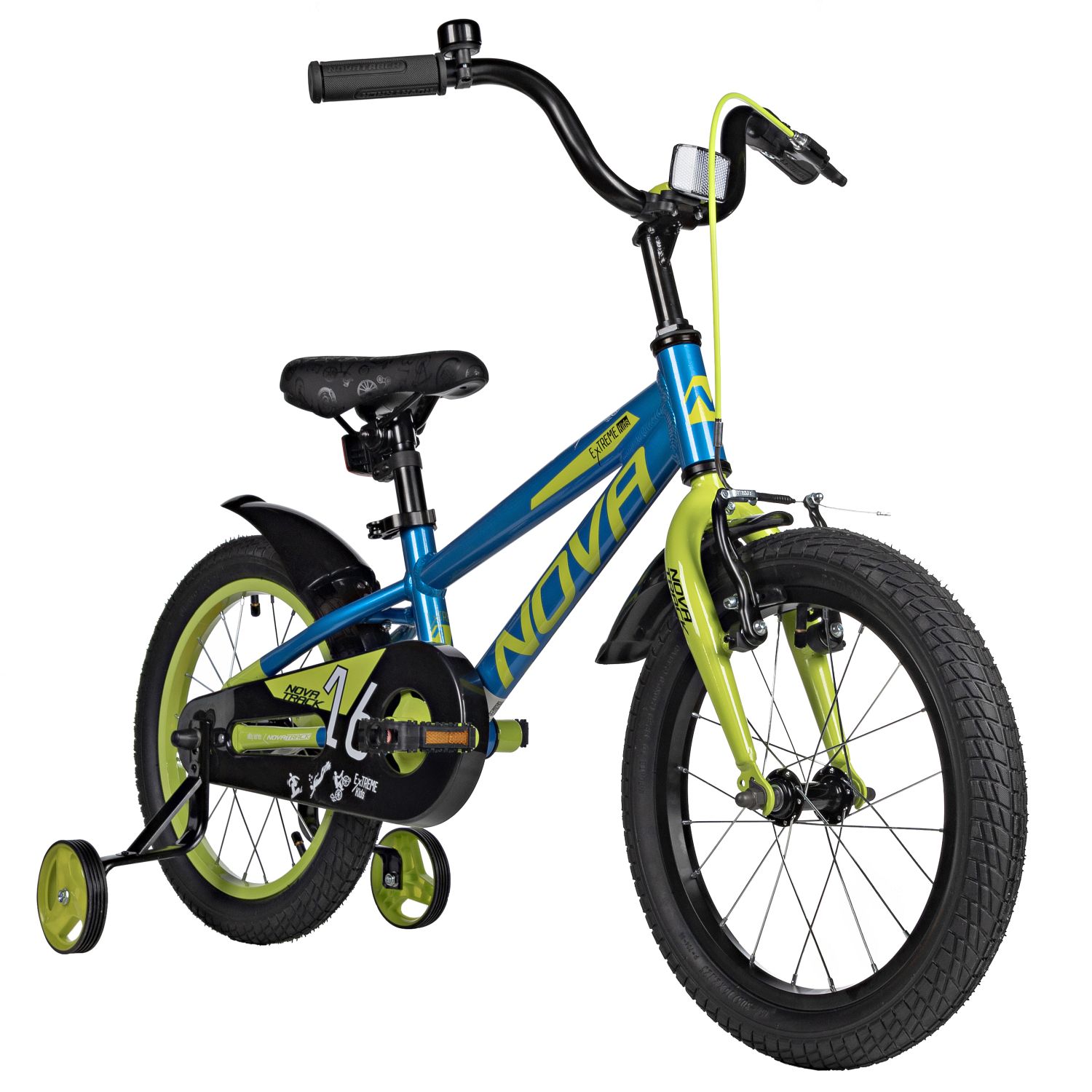 Велосипед NOVATRACK 16, EXTREME алюм., синий, полная защ.цепи, пер.руч., зад.нож. тормоз, короткие к