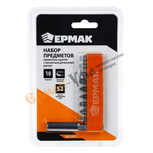 Набор бит 10 пр: удлинитель-адаптер с магнитным держателем для бит; 9 бит длиной 25мм ЕРМАК, 1/180