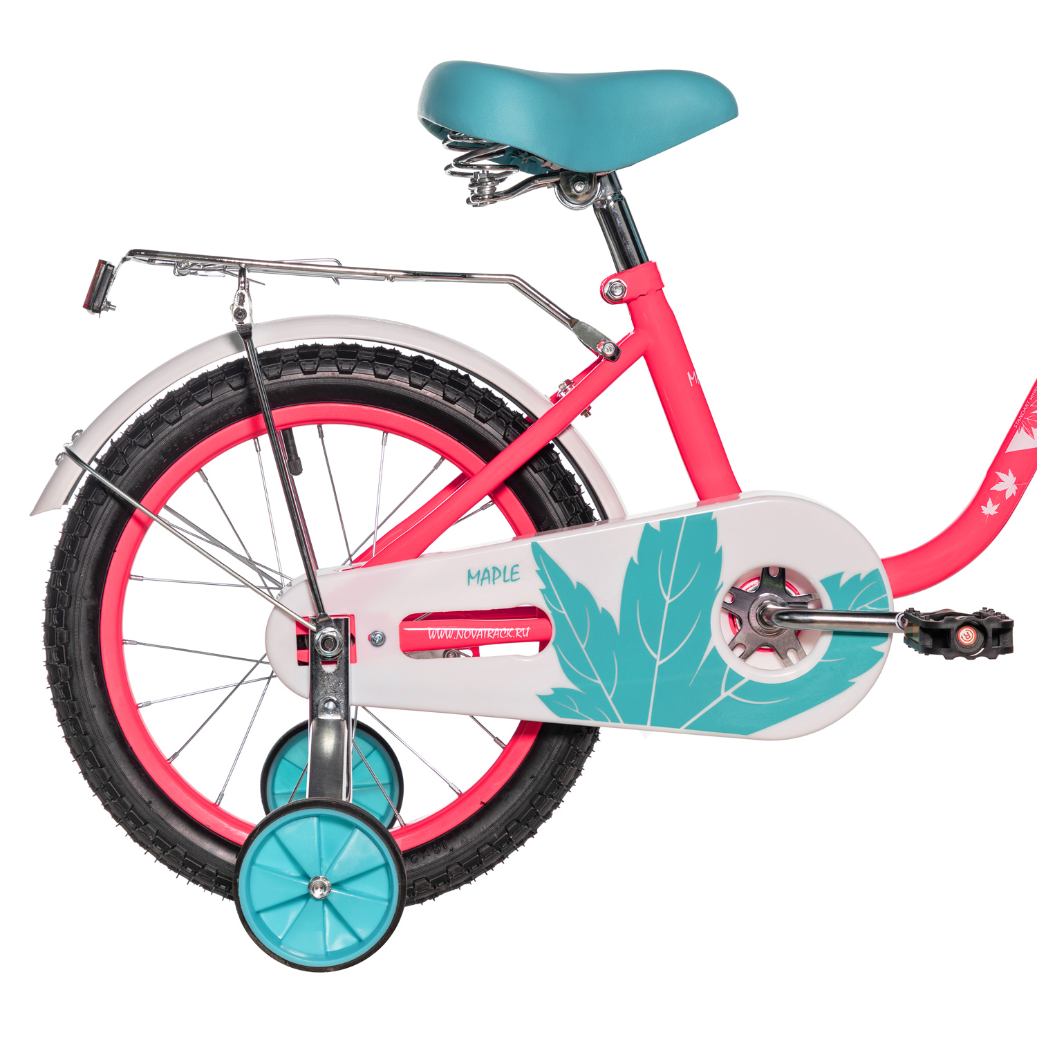 Велосипед NOVATRACK 16, MAPLE, неон розовый, полная защита цепи, тормоз нож., крыл, багажн, пер.кор