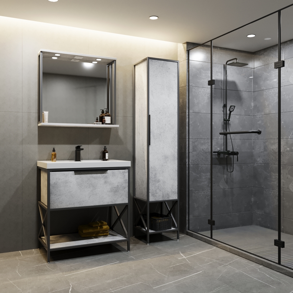 Зеркальный шкаф, БРУКЛИН, 80 Бетон с подсветкой ЛОФТ, ЛДСП