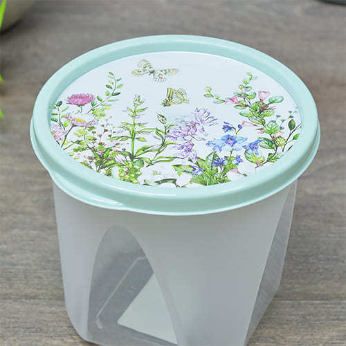 Контейнер для продуктов круглый 1 л Homver 223110717/01, с декором Цветущий луг светло-зеленый