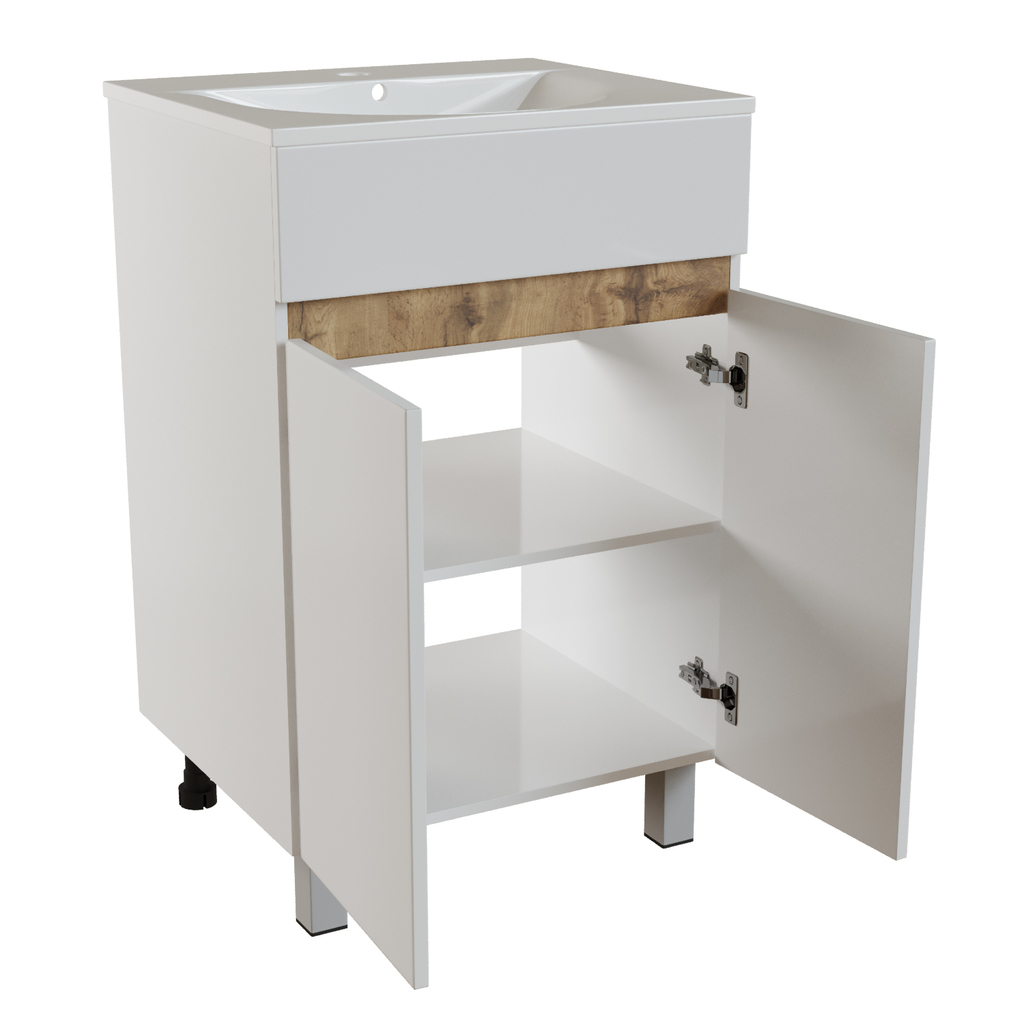 Тумба д/ванной, БРИКС-50,  ОТДЕЛЬНО ПРИОБРЕТАЕТСЯ РАКОВИНА 2 створки белый/дуб вотан под рак., Breeze 50, мебельный, Sanita Luxe ПВХ, раковина в комплект не входит