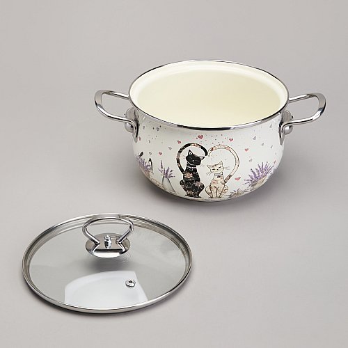 КАСТРЮЛЯ AGNESS ЭМАЛИРОВАННАЯ СО СТЕКЛЯННОЙ КРЫШКОЙ СЕРИЯ, LAVANDER CATS,  2, 8 Л ДИА. 20СМ