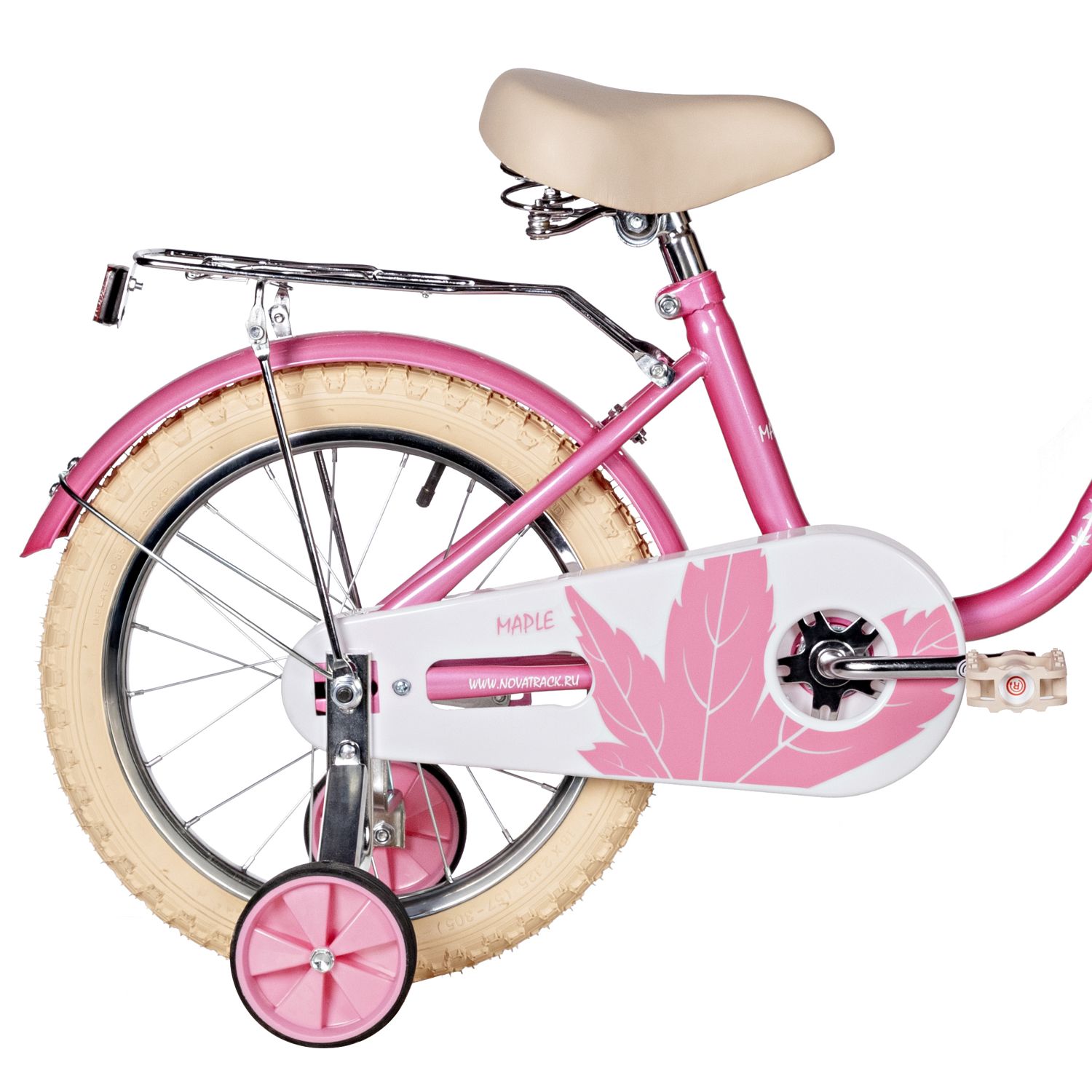 Велосипед NOVATRACK 16, MAPLE, розовый, полная защита цепи, тормоз нож., крылья, багажник, пер.корзина
