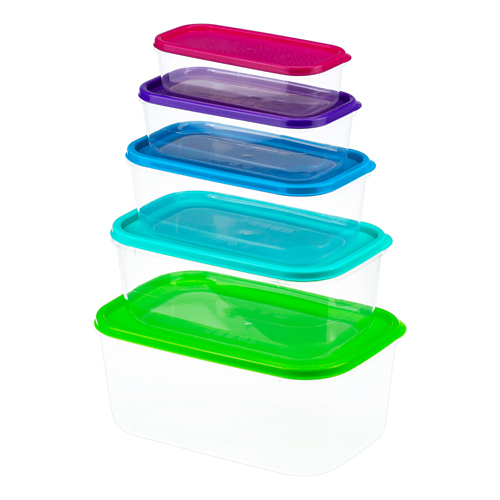 Контейнер для продуктов, 0,25л+0,45л+0,8л+1,3л+2,1л, набор РАДУГА 5шт, микс разноцв. , 1/11