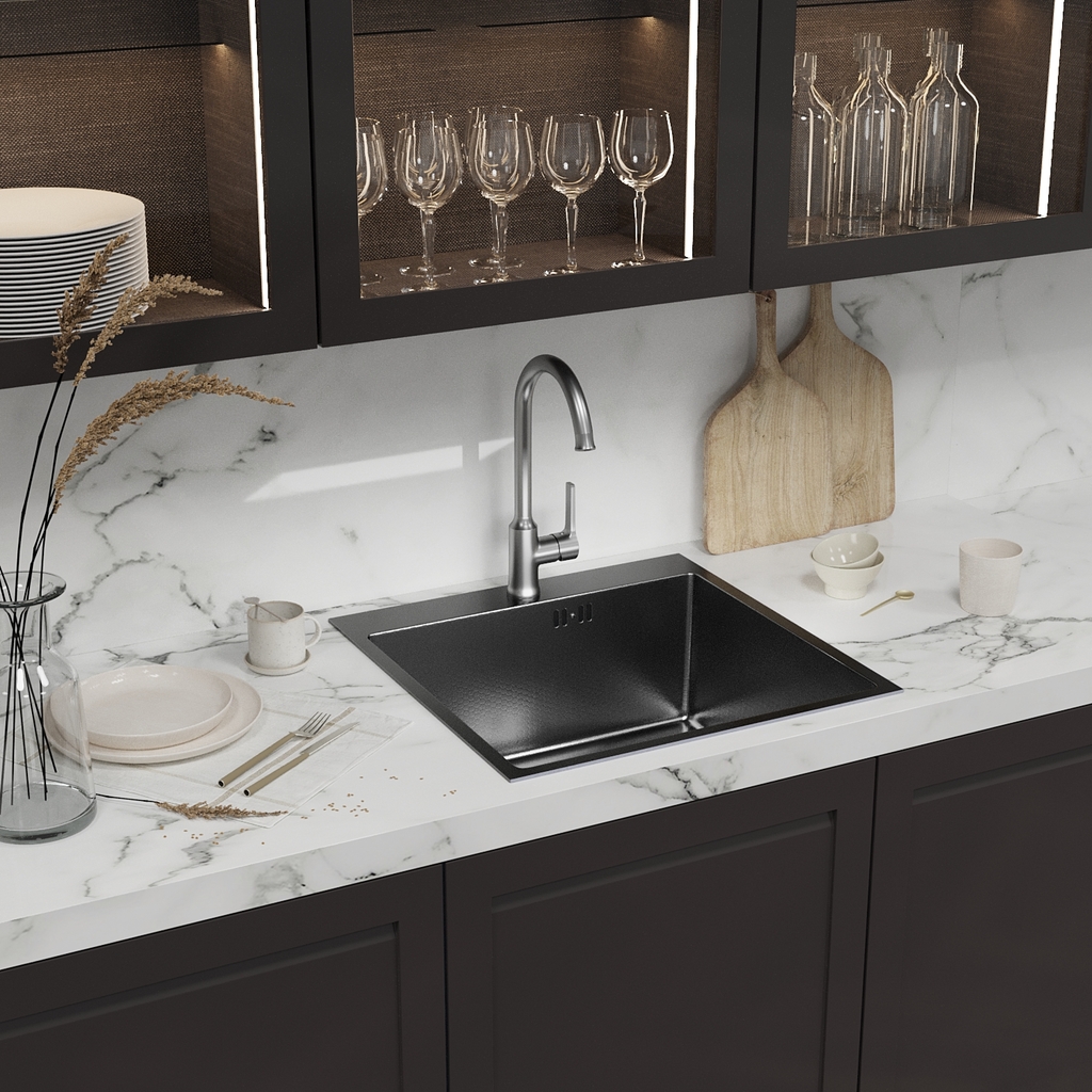 Мойка настол.монтаж 50х50, 3, 0 вып 3 1/2 MIXLINE PRO 20см с сифоном, черный графит НАНО