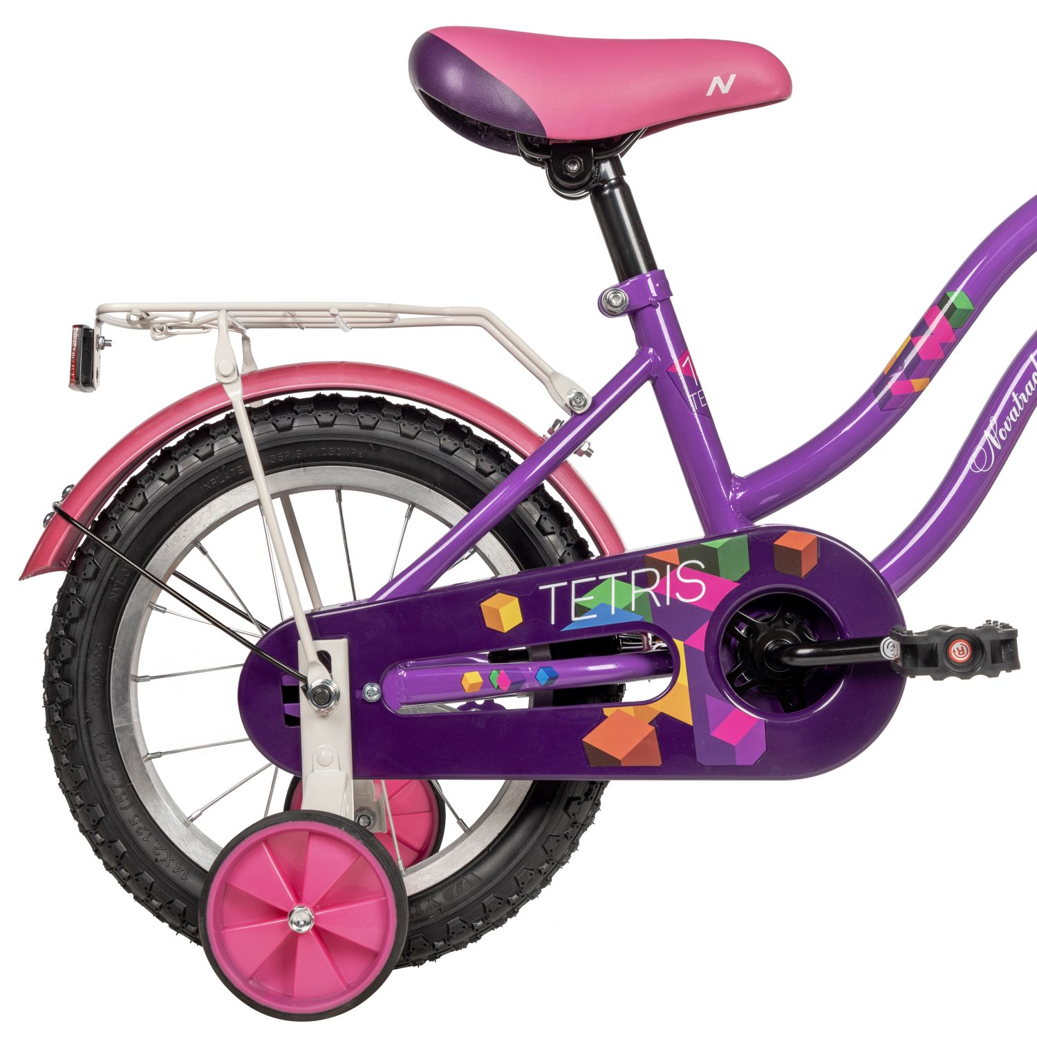 Велосипед NOVATRACK 14" TETRIS фиолетовый, тормоз нож, крылья цвет, багажник, корзина, полная защ.це