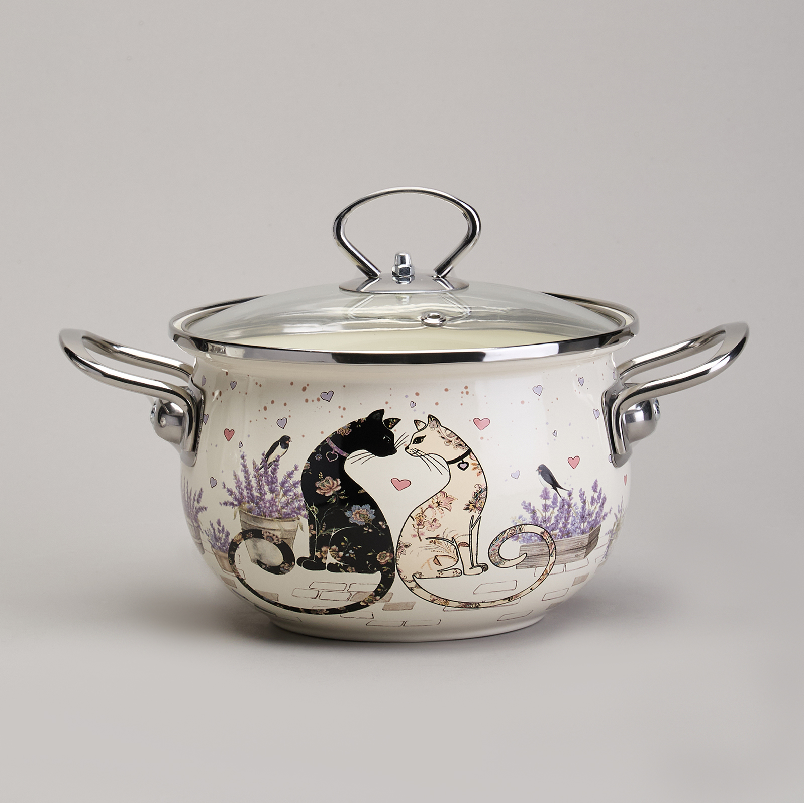 НАБОР КАСТРЮЛЬ ЭМАЛИРОВАННЫЙ, СЕРИЯ, LAVANDER CATS 6ПР. 2, 0/2, 8/3, 8Л ДИА.18/20/22СМ