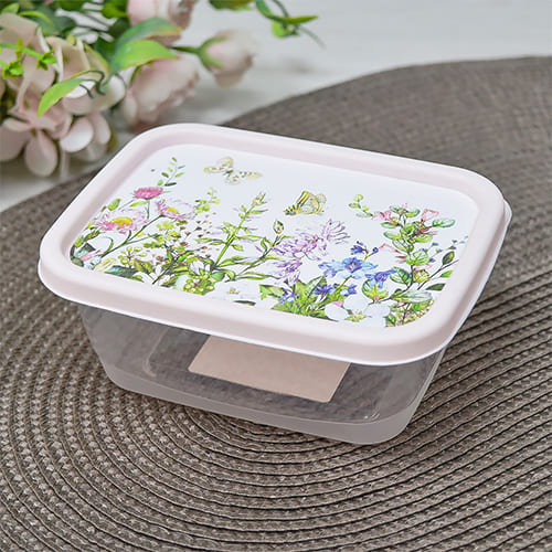 Контейнер для продуктов 0.5 л Homver 223110807/01, с декором Цветущий луг прямоугольный, светло-розовый