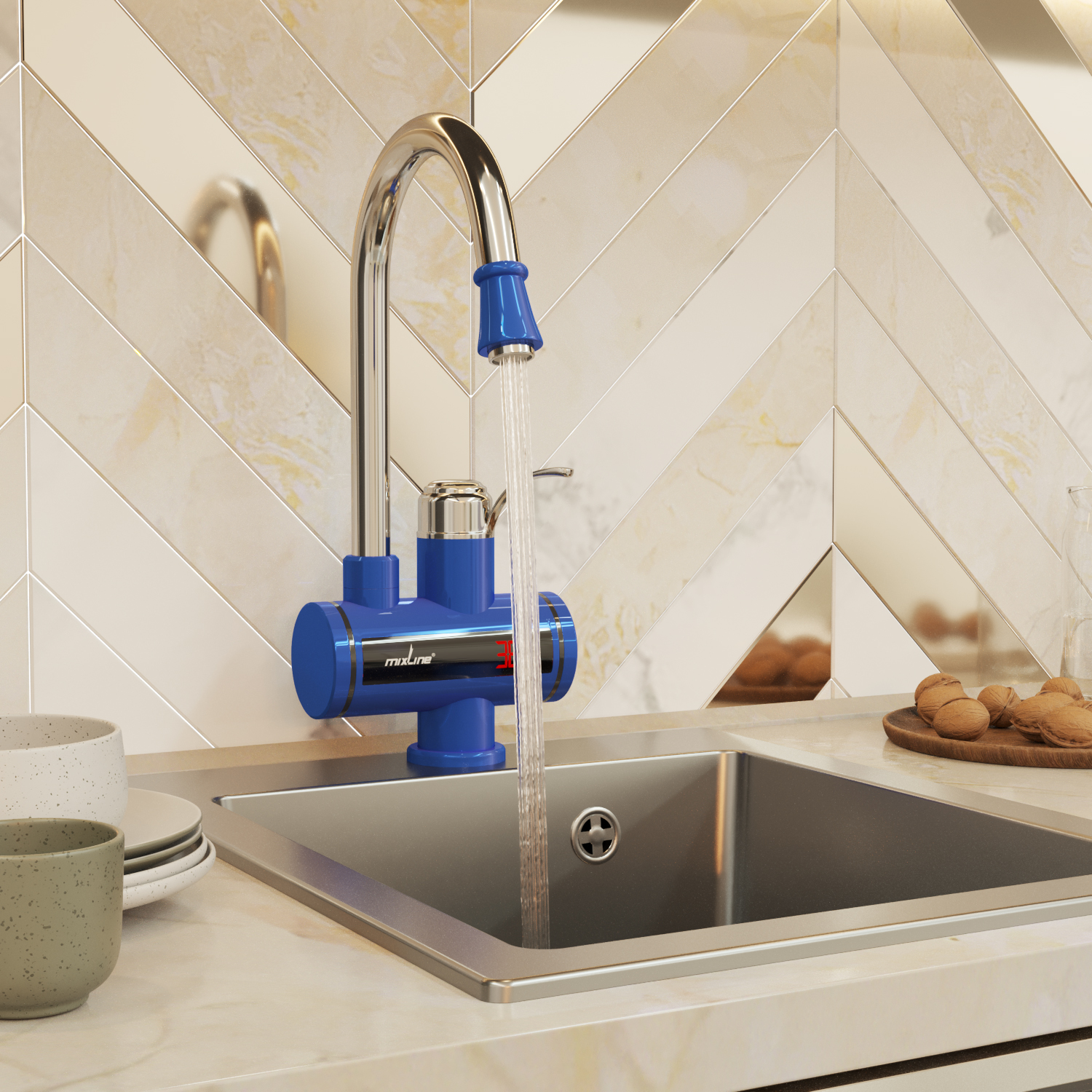 Проточный водонагреватель WH-003 BLUE, 3, 3 кВт, УЗО, кухня, индикатор темп MIXLINE