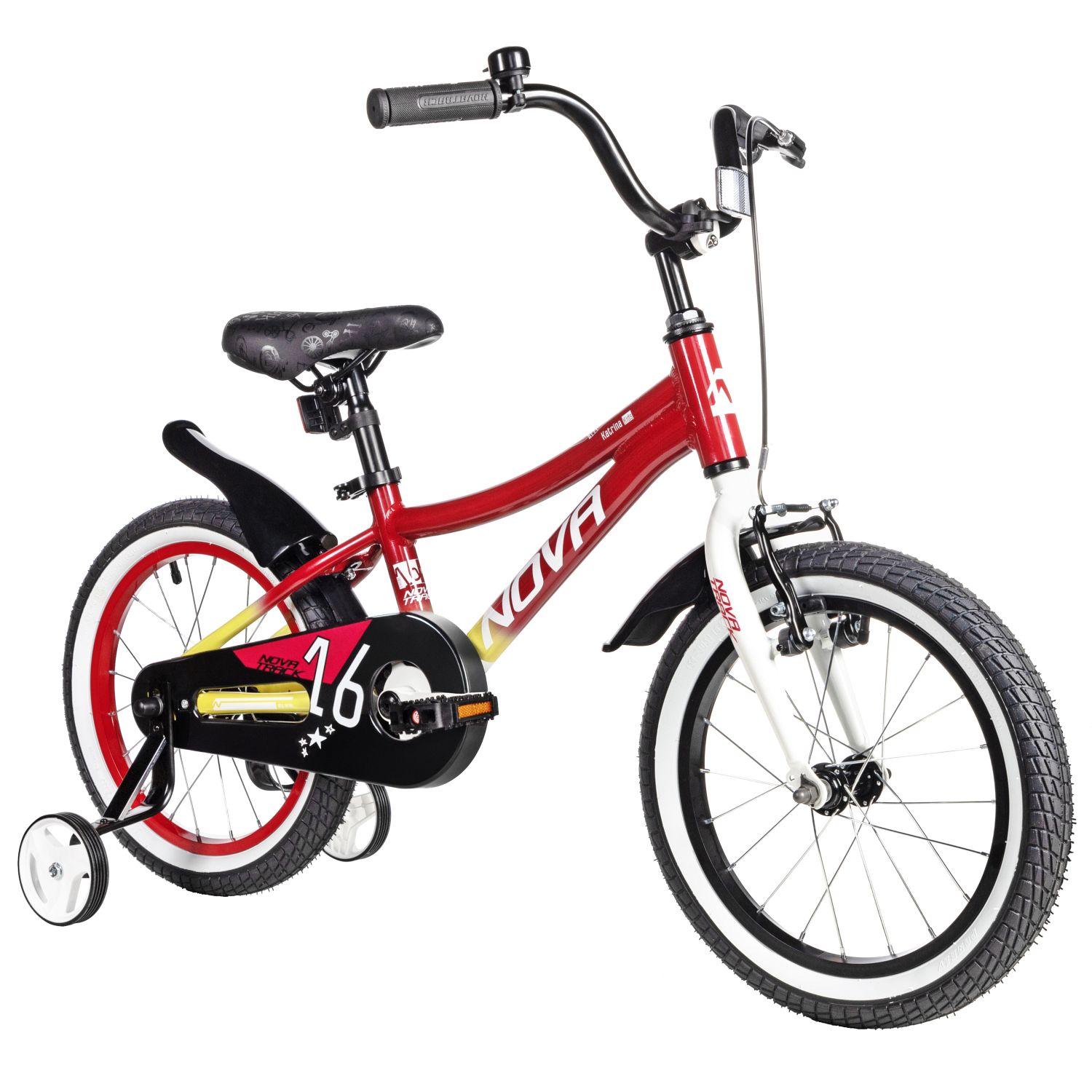 Велосипед NOVATRACK 16, KATRINA алюм., красный-жёлтый, полная защ.цепи, пер.руч., зад.нож. тормоз, к