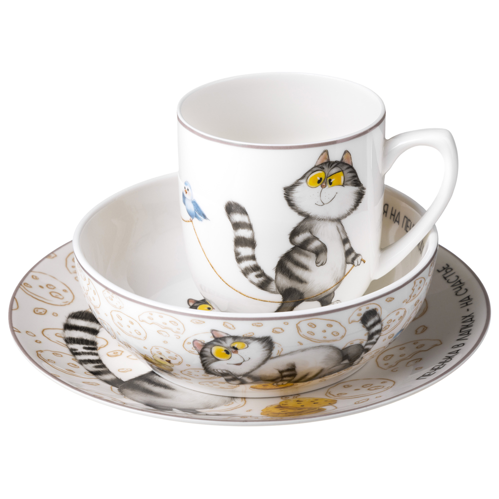 НАБОР ПОСУДЫ LEFARD, СЧАСТЬЕ ЕСТЬ, 3 ПР.: КРУЖКА 400 МЛ,  ТАРЕЛКА 20, 5 СМ,  САЛАТНИК 15, 5*5 СМ 600 МЛ