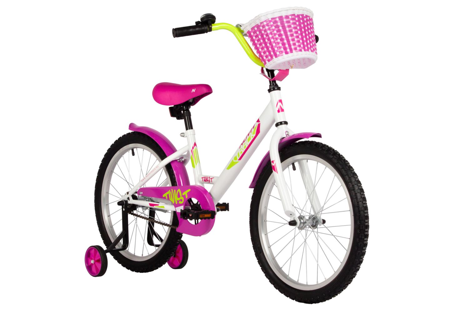 Велосипед NOVATRACK 20, TWIST белый, тормоз нож, крылья корот, защита цепи, корзина