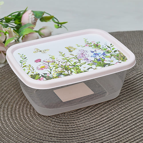 Контейнер для продуктов 0.85 л Homver 223110907/01, с декором Цветущий луг прямоугольный, светло-розовый