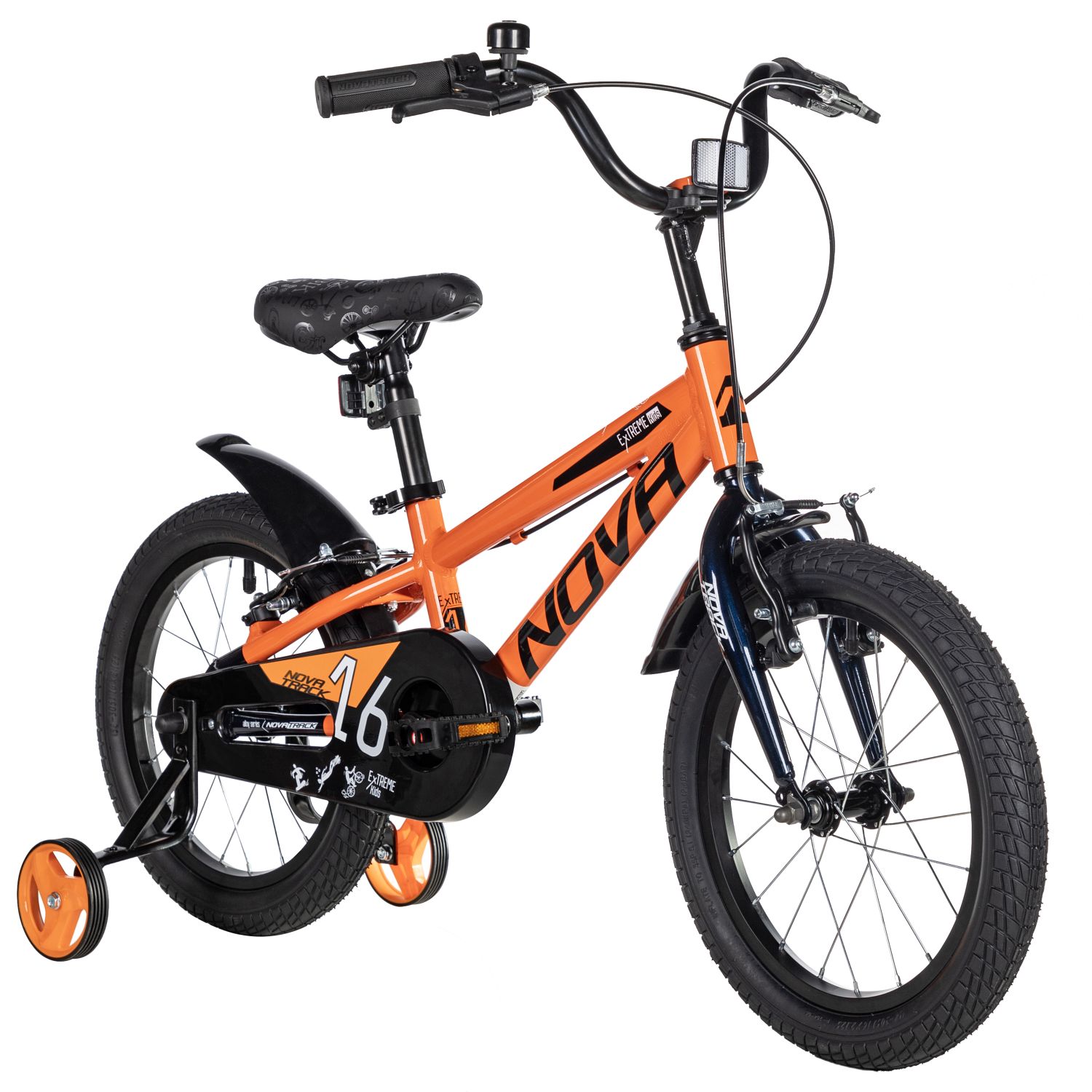 Велосипед NOVATRACK 16, EXTREME алюм., оранжевый, полная защ.цепи, V-brake, короткие крылья, полная