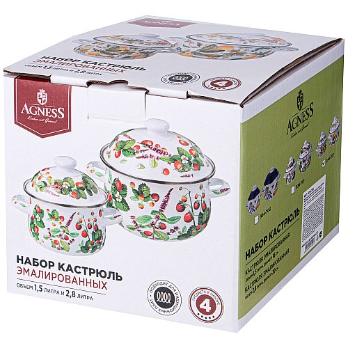НАБОР КАСТРЮЛЬ AGNESS ЭМАЛИРОВАННЫХ СЕРИЯ, ФРУКТОВАЯ КОРЗИНА,  4ПР. 1, 5Л И 2, 8Л, 16Х10СМ, 20Х12СМ