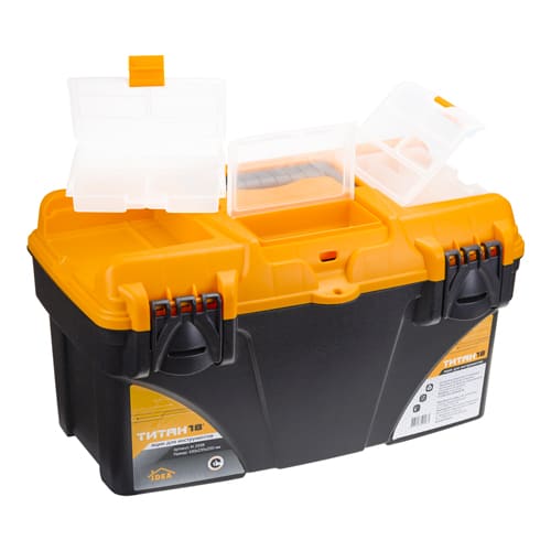 Ящик для инструментов IDEA ТИТАН 18, М 2938, с коробками, черный с желтым