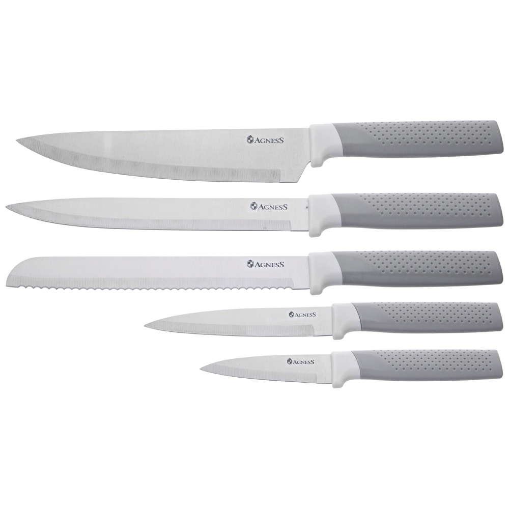 НАБОР AGNESS ИЗ 9ПР: 5 НОЖЕЙ, ПОЛОВНИК, ЛОПАТКА И ШУМОВКА, ПОДСТАВКА, ЦВЕТ: СЕРЫЙ