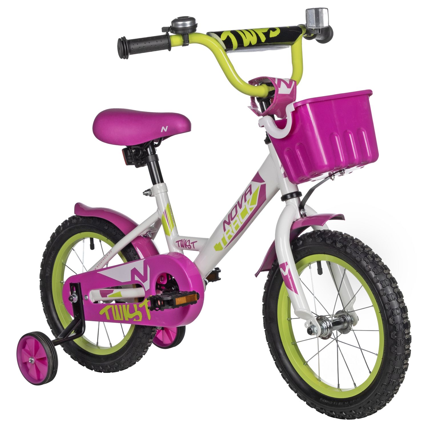 Велосипед NOVATRACK 14, TWIST белый, тормоз нож, крылья корот, полная защ.цепи, корзина